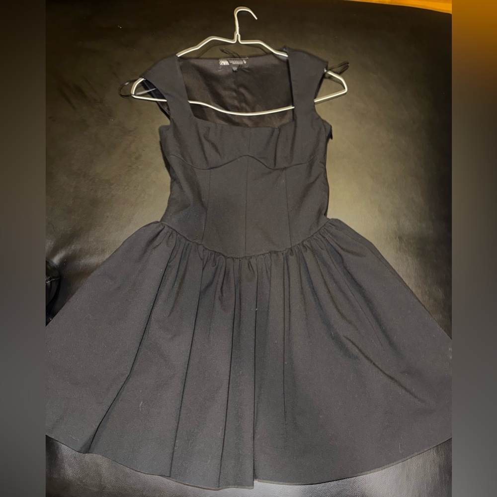 Zara Black Square Neck Fit & Flare Dress Sleeveless Skater Mini XS - Picture 3 of 4